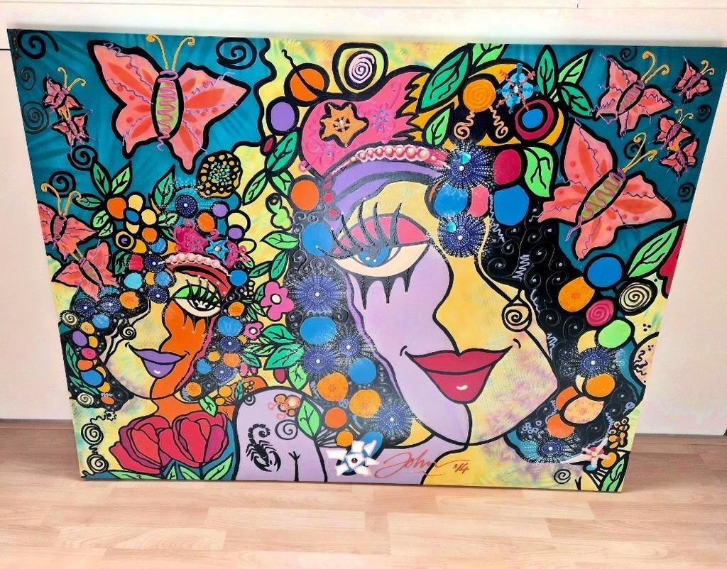 Kleurrijk schilderij met vlinders en gezichten, 160 x 120 cm, Antiek en Kunst, Kunst | Schilderijen | Abstract, Ophalen