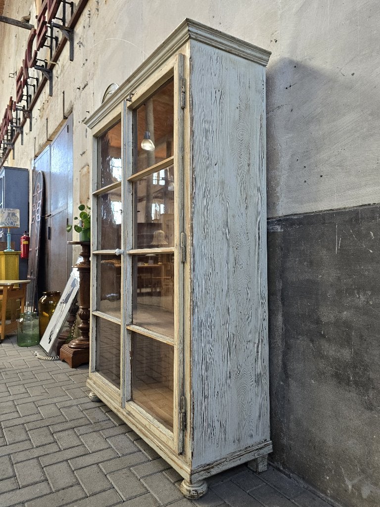 XL Vintage Houten Vitrinekast Wit | Grote Witte Vitrine Kast, Huis en Inrichting, Grenenhout, Ophalen of Verzenden, 150 tot 200 cm