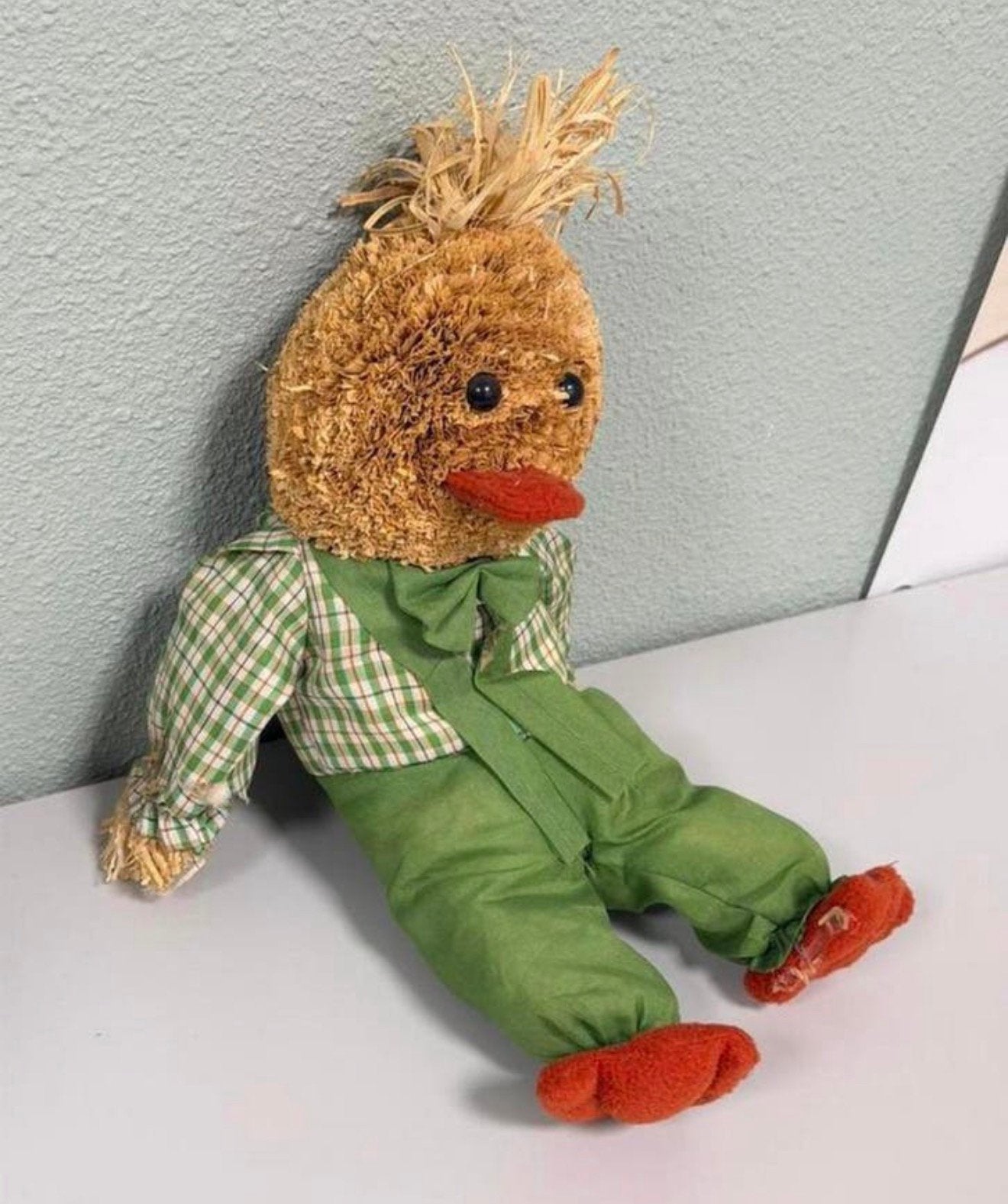 Vintage handgemaakte eend – 40 cm – stro/rafia – unieke pop, Antiek en Kunst, Ophalen of Verzenden
