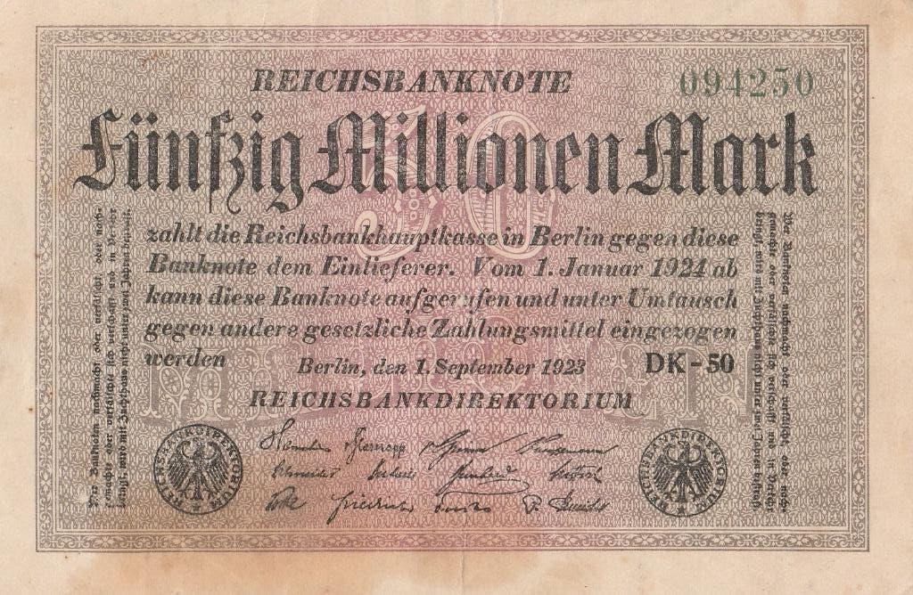 50 miljoen Mark, 1923, Duitsland  1923, Postzegels en Munten, Ophalen of Verzenden, Duitsland