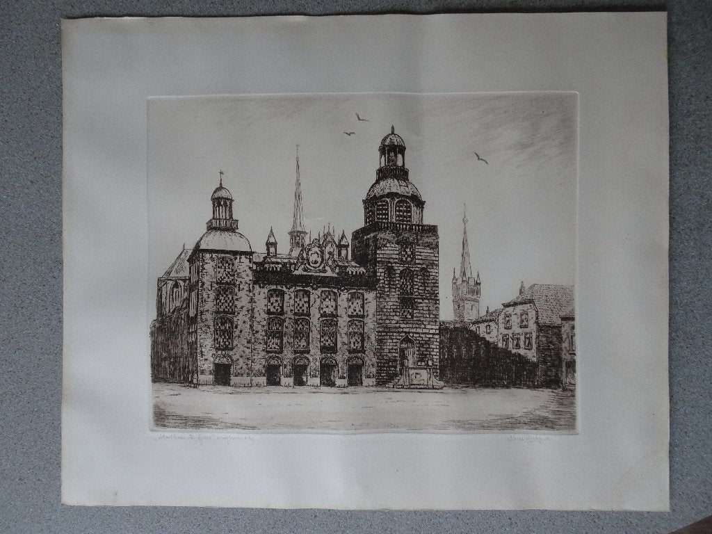 Ets stadhuis en markt Goes, CM vd Woerdt, Antiek en Kunst, Stadsgezicht, Ophalen of Verzenden, Origineel, 1950 - 1999
