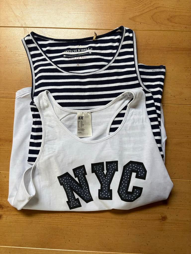 H&M NYC Topje Maat 170 (S) en blauw wit gesteept Scotch, Ophalen of Verzenden, Gebruikt, Meisje, Overige typen
