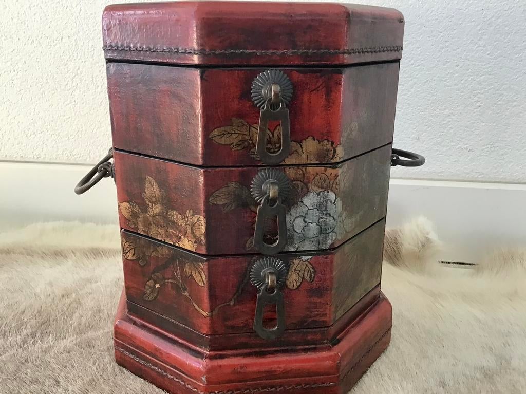 Vintage Chinese Sieradenkist met laatjes * Hout handbeschild, Ophalen, Zo goed als nieuw, Minder dan 50 cm
