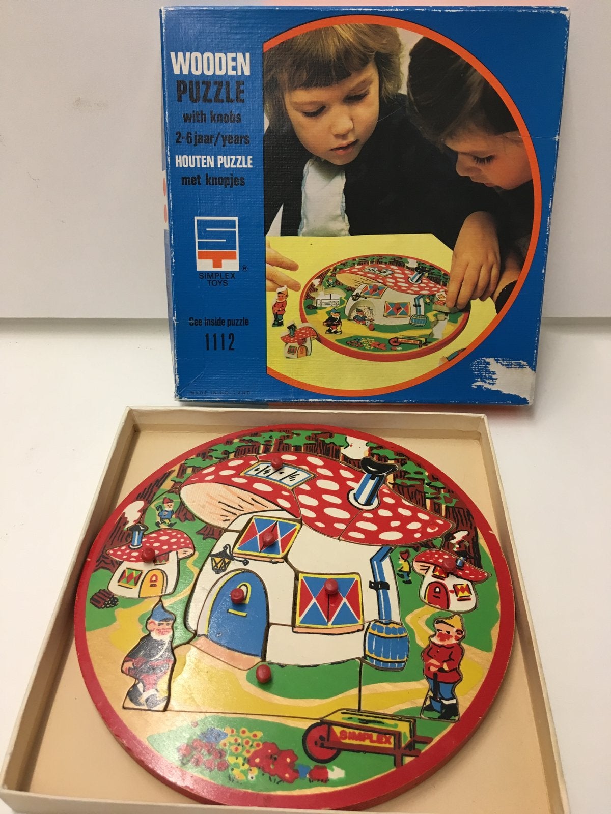 Houten ronde puzzel simplex in doos 1112 Kiekeboo, Ophalen of Verzenden, 10 tot 50 stukjes, Gebruikt, Van hout