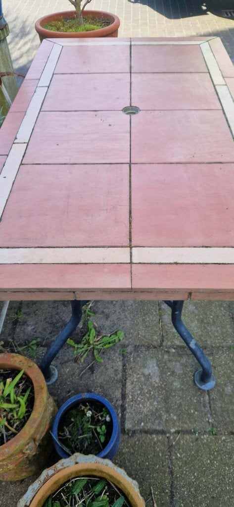 Mooie tuintafel met vierkante terracotta tegels (brocante), Ophalen, Gebruikt, Rechthoekig, Overige materialen