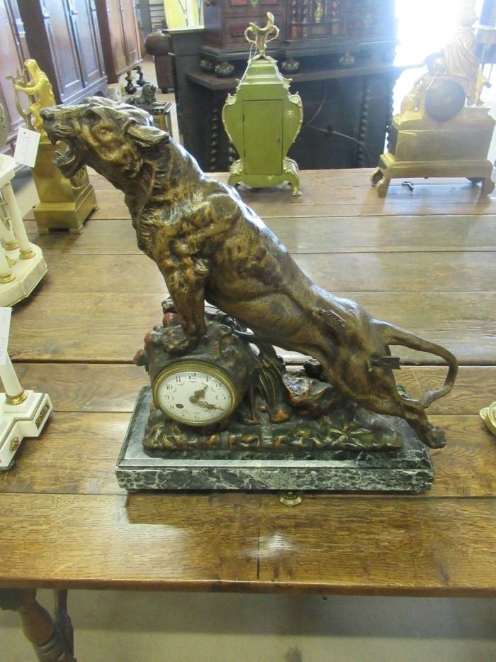 Oer 10418 groen marmeren leeuw (zamak) pendule, Antiek en Kunst, Ophalen