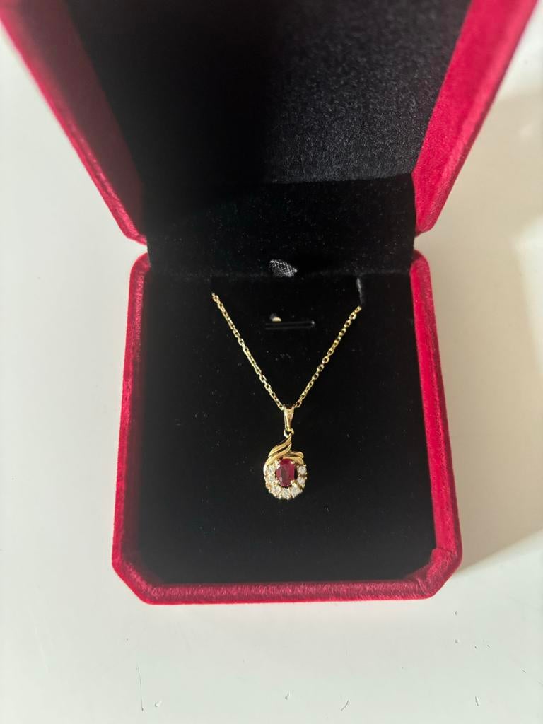 18K Gouden Ketting met Robijn&Diamanten –IGI Gecertificeerd, Ophalen of Verzenden, Zo goed als nieuw, Goud, Met edelsteen