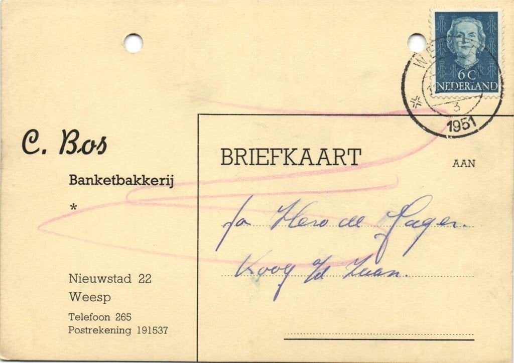 C. Bos, Banketbakkerij, Weesp - 11.1951 - briefkaart, Postzegels en Munten, Ophalen of Verzenden, Briefkaart