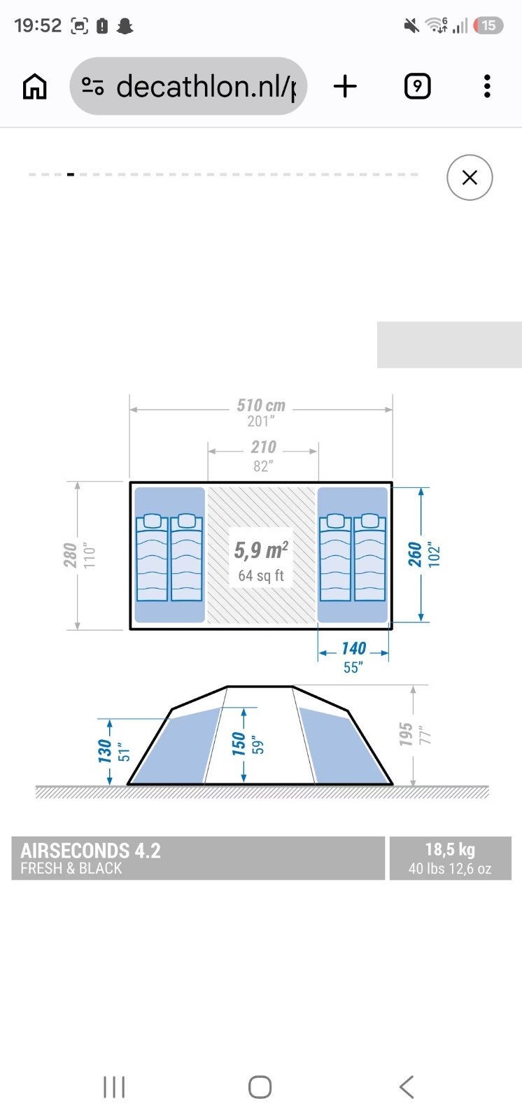 Decathlon Fresh&Black 4.2 4-persoons opblaasbare tent, Ophalen of Verzenden, Zo goed als nieuw, Tot en met 4
