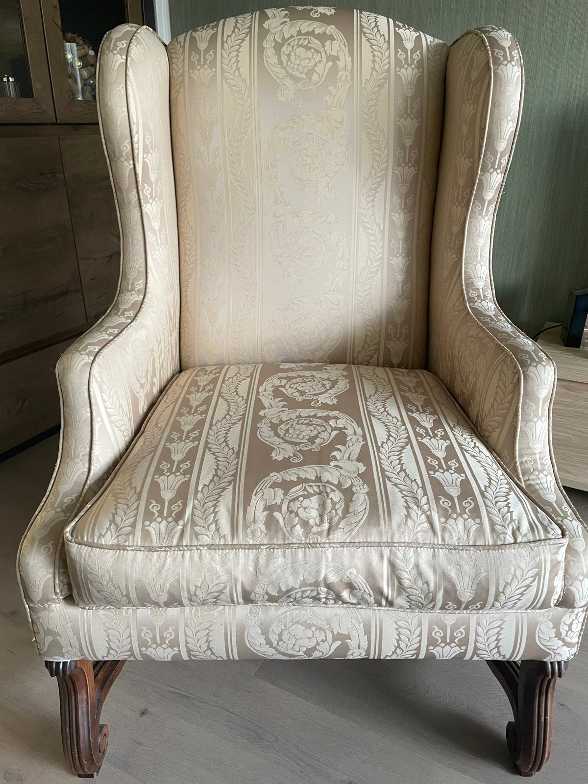 Klassieke fauteuil met barokprint - Zo goed als nieuw, Huis en Inrichting, Ophalen, Zo goed als nieuw, Hout, 75 tot 100 cm
