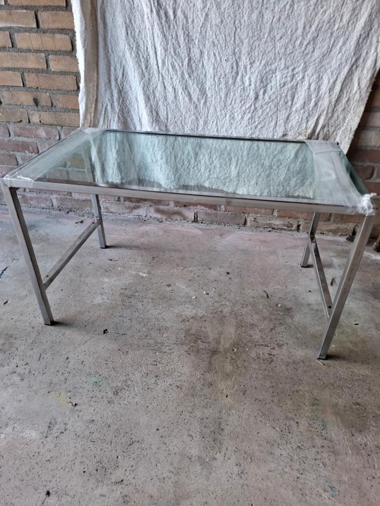 GLAZEN BIJZET TAFEL,CHROOM, € 50,-ZIE MIJN OVERIGE ADV. OOK, Huis en Inrichting, Tafels | Sidetables, Ophalen, Gebruikt, 50 tot 100 cm