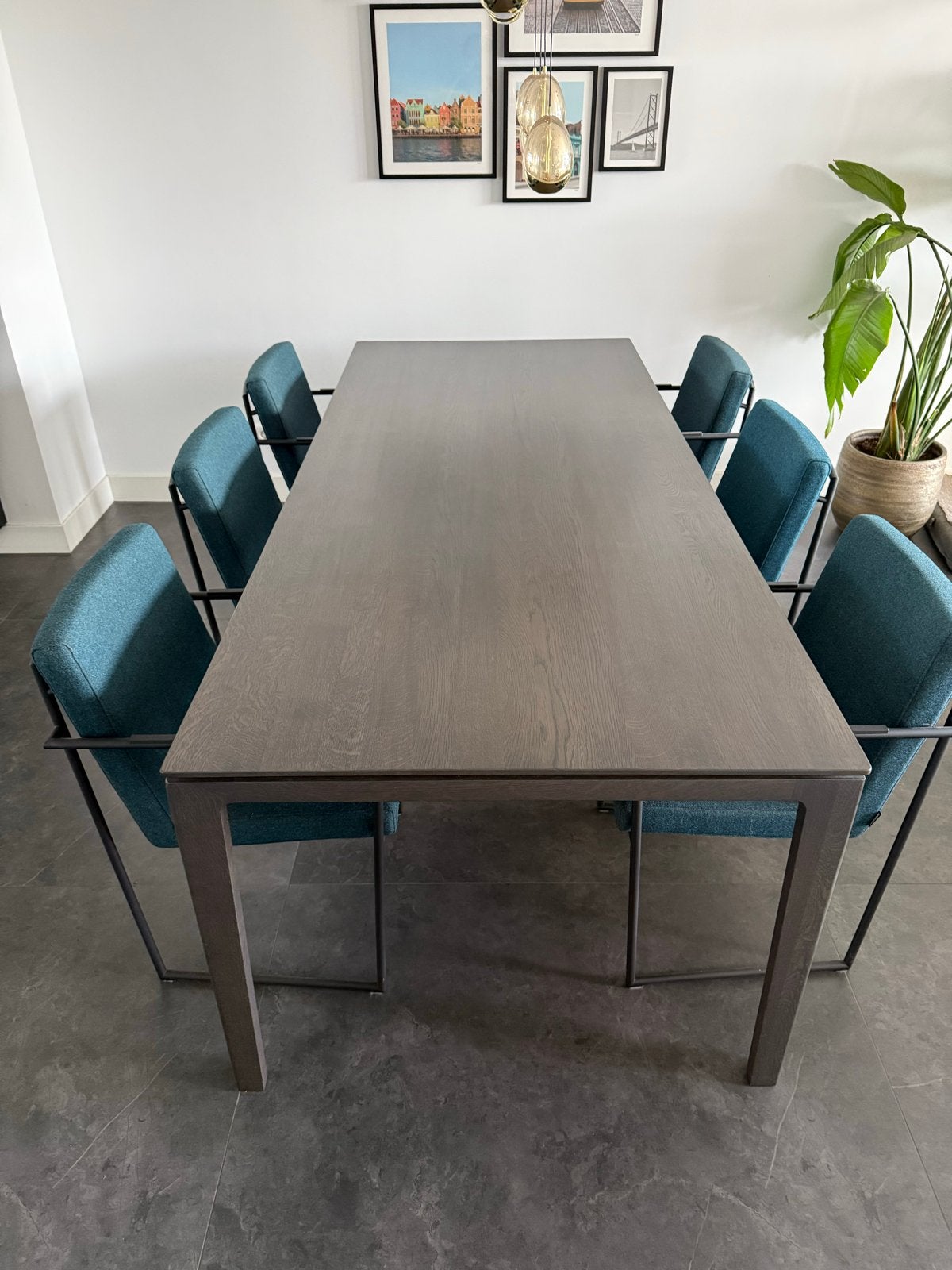 Moderne eiken eetkamertafel Dark Grey Stompmat Lak 240x100, Eikenhout, 200 cm of meer, Zo goed als nieuw, Vijf personen of meer