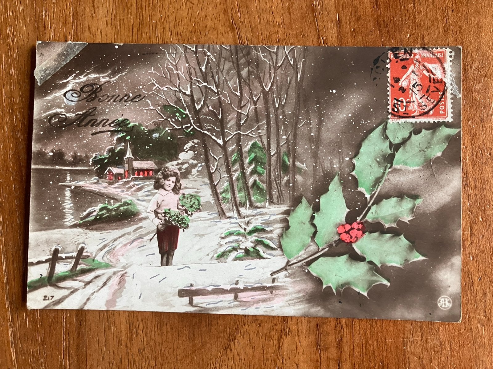 Vintage Kerstkaart 'Bonne Année' met meisje en sneeuw - 1915, Ophalen of Verzenden, Gebruikt