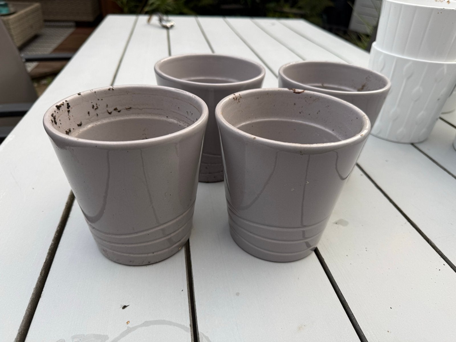 Set van 4 grijze bloempotten, diameter 11,5 cm, Tuin en Terras, Ophalen, Kunststof, Gebruikt, Minder dan 30 cm