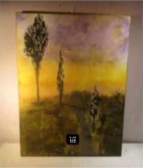 Oud Geschilderd Werk 'Bomen in de mist' - 80x60, Ophalen of Verzenden