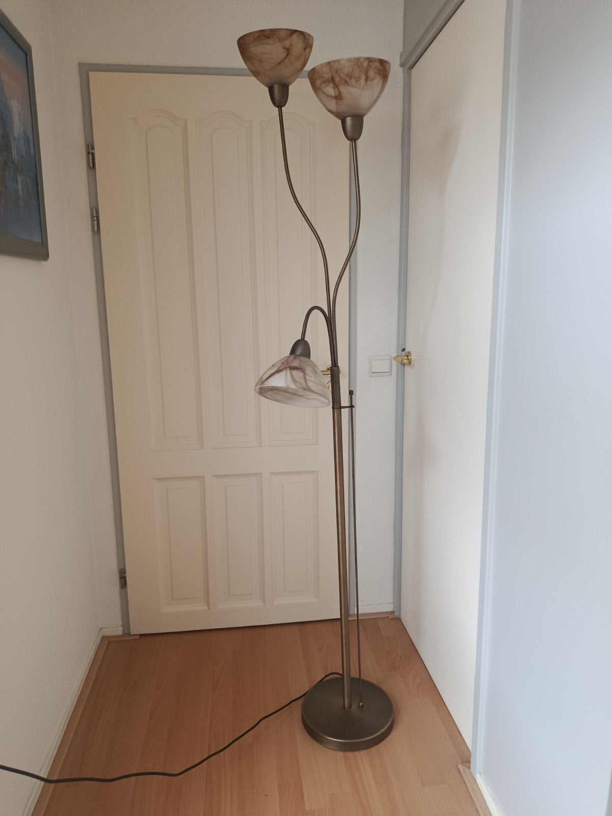 Stijlvolle vloerlamp met 3 glazen kappen, Gebruikt, Klassiek, Sfeervol, Glas, 150 tot 200 cm