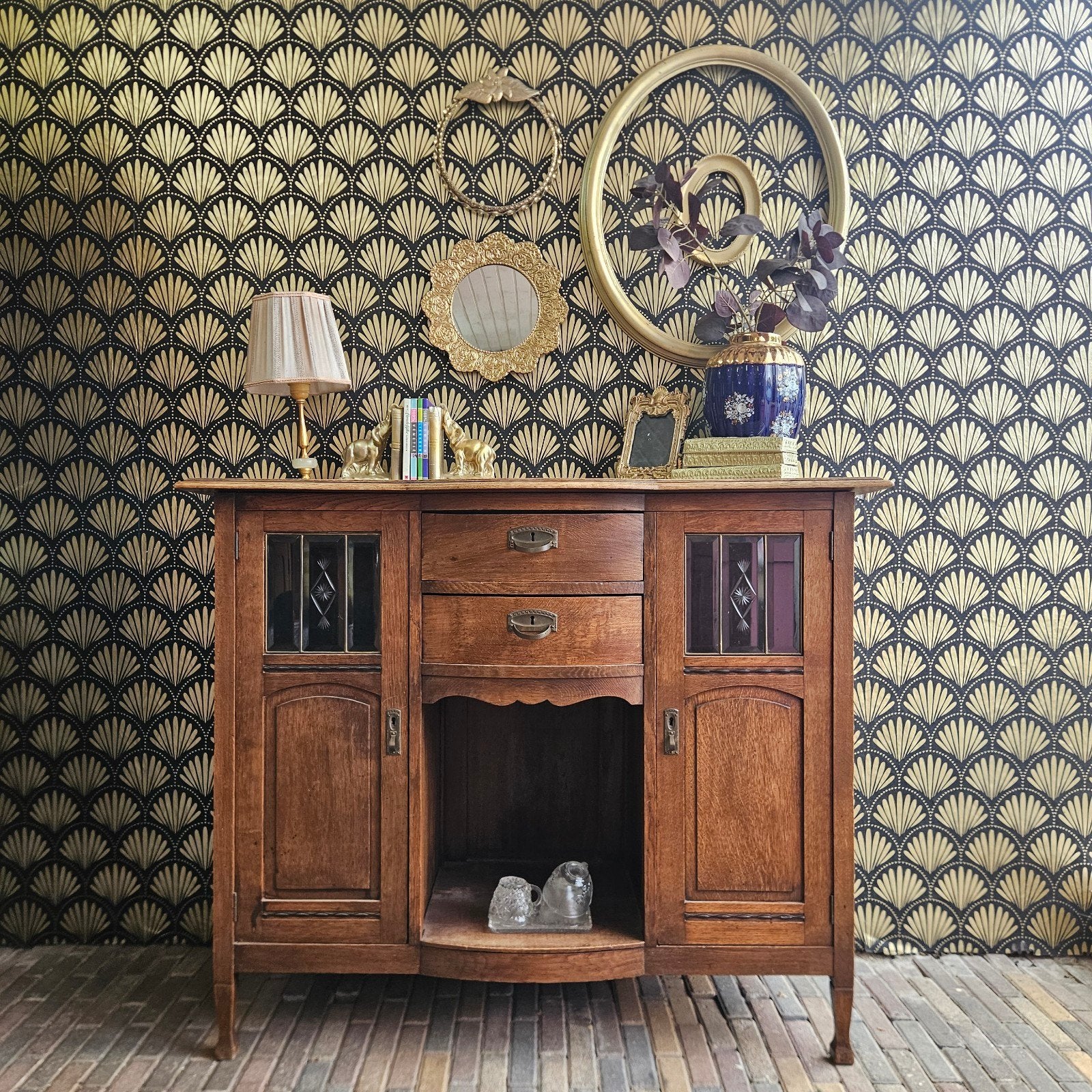 prachtige vintage dressoir met glas in lood, Ophalen, 100 tot 150 cm, 25 tot 50 cm, Glas