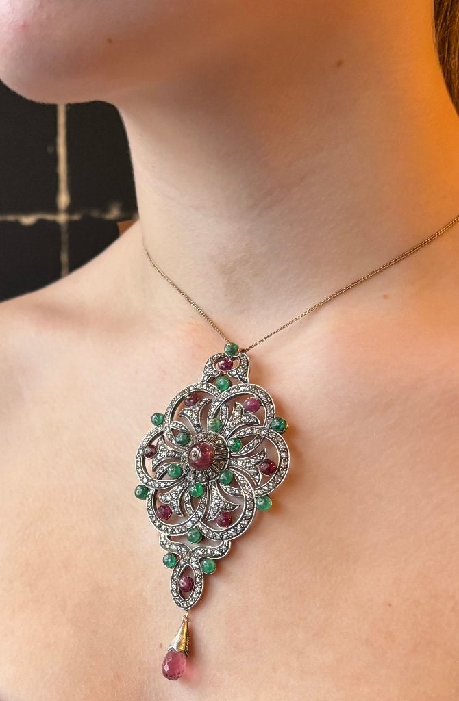 Zeldzame robijn diamanten smaragd 14k gouden antieke hanger, Voordeelsieraden, Verzenden, Zo goed als nieuw, Met edelsteen