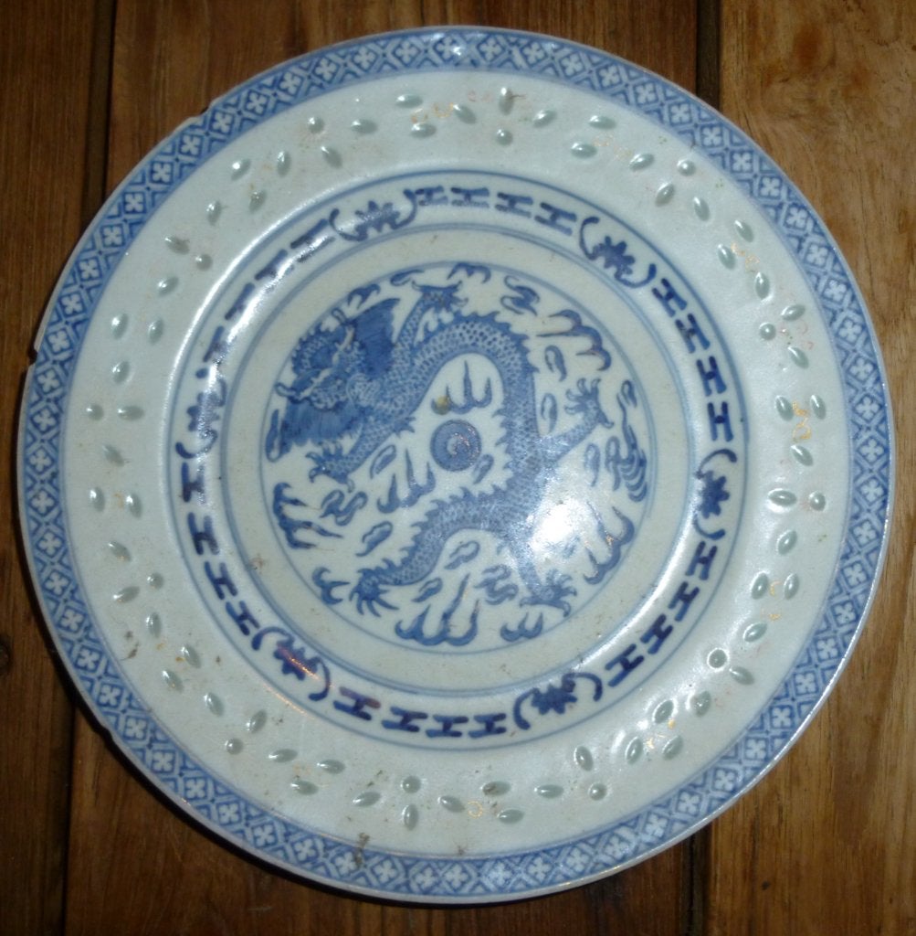 Chinees drakenbordje Wit/blauw antiek, Antiek en Kunst, Ophalen of Verzenden