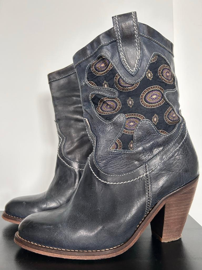 vintage Cowboylaarzen met Paisley Patroon - Maat 38, Ophalen of Verzenden, Zo goed als nieuw, Blauw, Lage of Enkellaarzen
