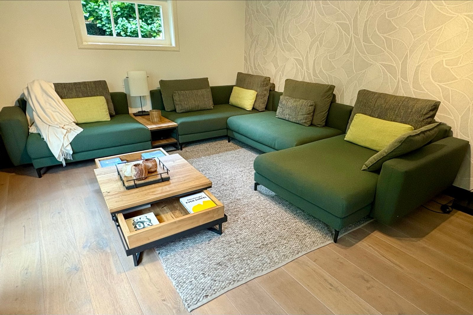 Rolf Benz Nuvola Modulaire Bank - Mosgroen Wol, Huis en Inrichting, Ophalen, Hoekbank, 300 cm of meer, Zo goed als nieuw