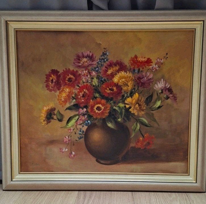 Olieverfschilderij Bloemenvaas 63x72 cm, Handgeschilderd, Doek, Olieverf, Ophalen