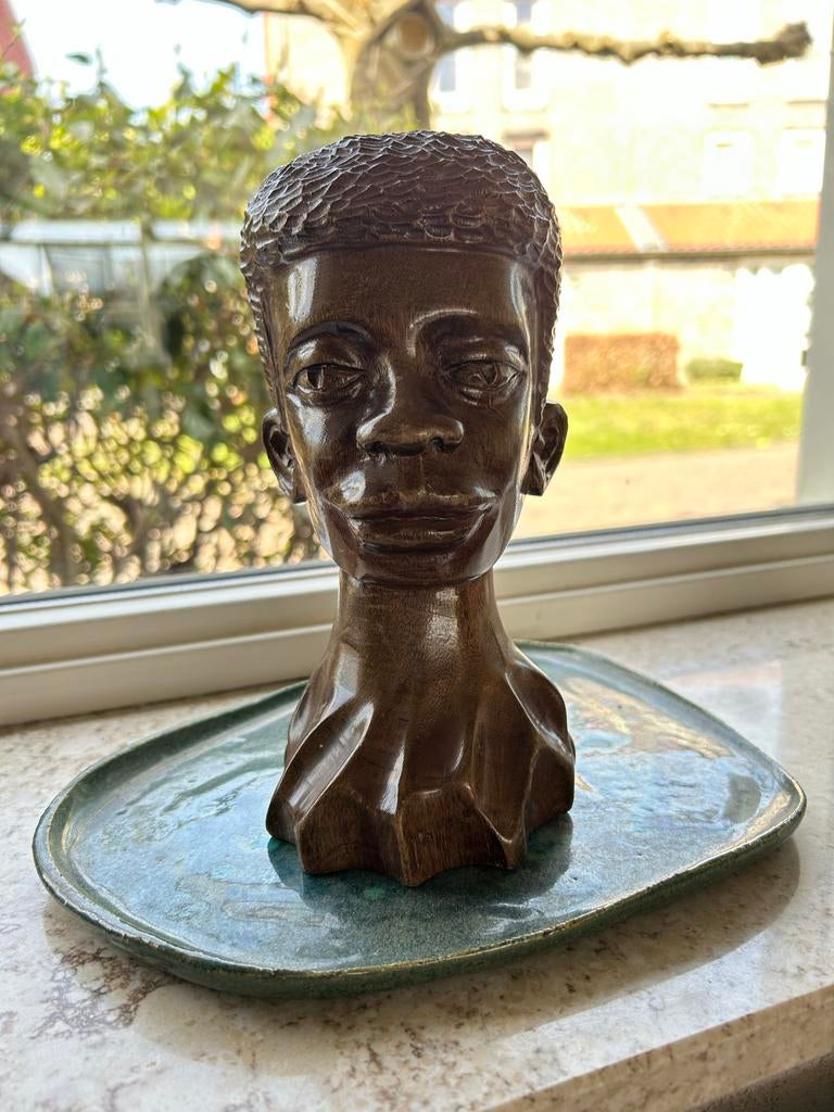 Houtsnijwerk hoofd van een man, gesigneerd, Minder dan 20 cm, Buste, Ophalen of Verzenden, Gemerkt