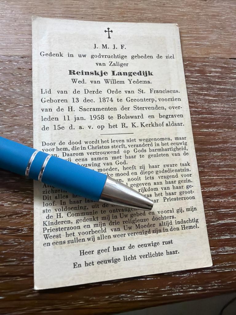 Langedijk Reinskje 1874 Greonterp 1958 Bolsward x Yedema, Ophalen of Verzenden, Bidprentje