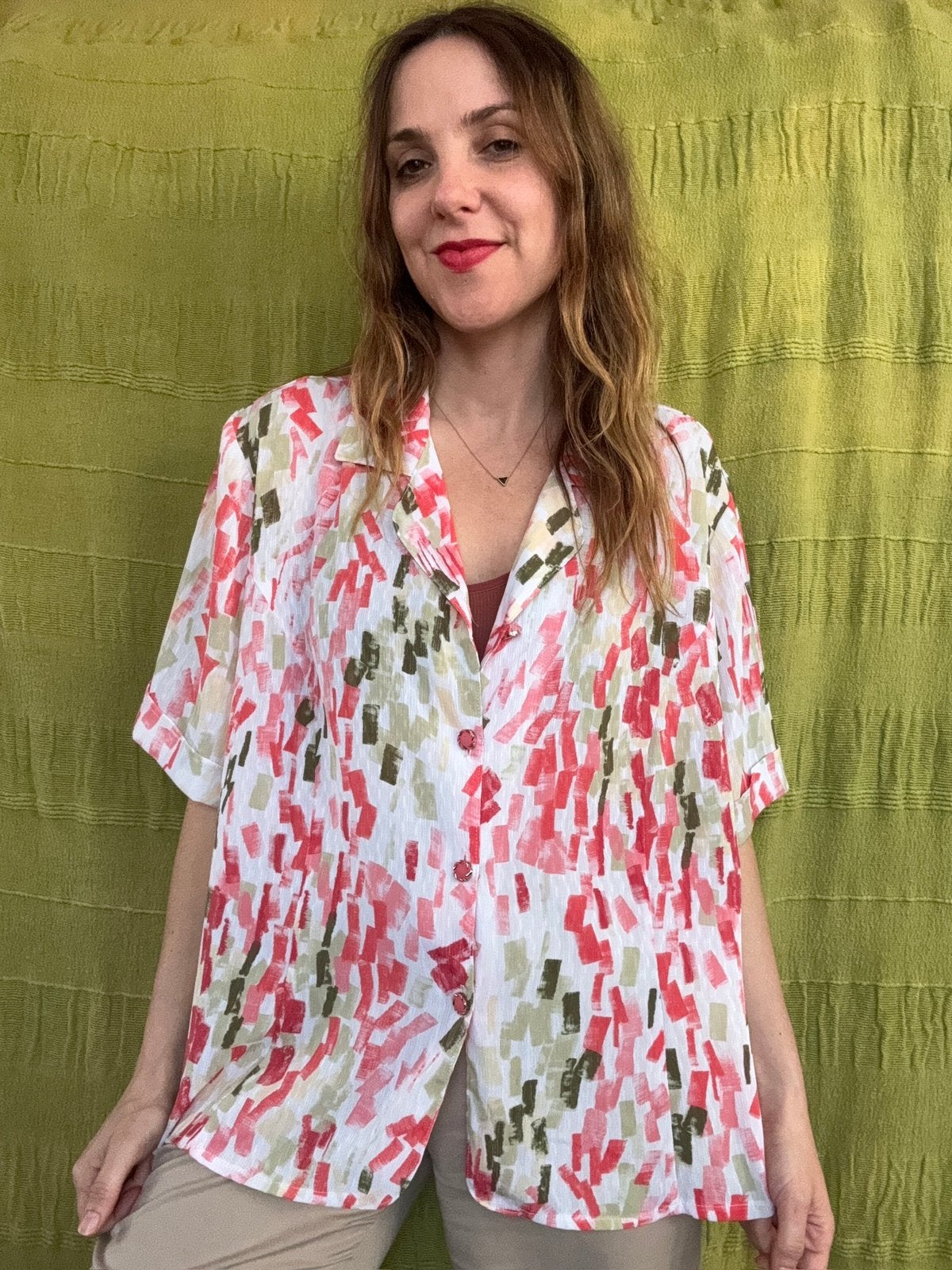 Vintage blouse - 90s - print - roze/ wit - XL/42, Hgv, Hgv, Maat 42/44 (L), Ophalen of Verzenden