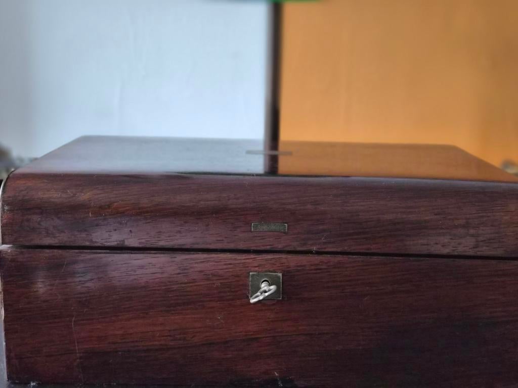 Antieke Engelse schrijfkist met paars fluweel, Ophalen of Verzenden