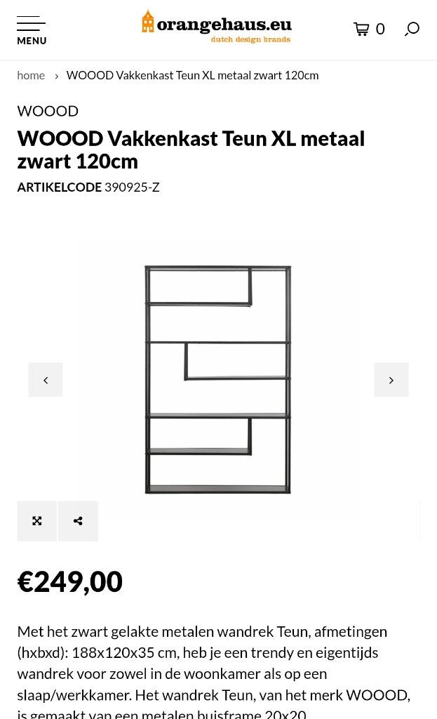 Mooie ruime zwartmetalen boekenkast WOOOD 188x35x120, Ophalen, Met plank(en), 100 tot 150 cm, Zo goed als nieuw