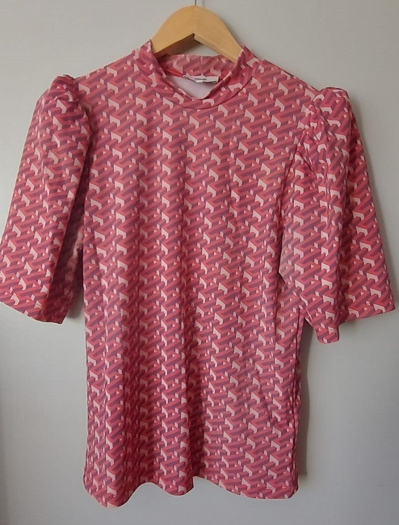 Shoeby top met geometrische print en pofmouwen, maat L, Maat 38/40 (M), Ophalen of Verzenden, Zo goed als nieuw, Shoeby