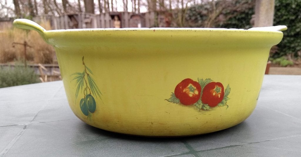 FE BELGIUM DESCOWARE gele pan met groenten vegetables print, Geschikt voor inductie, Gebruikt, Gietijzer, Ophalen of Verzenden