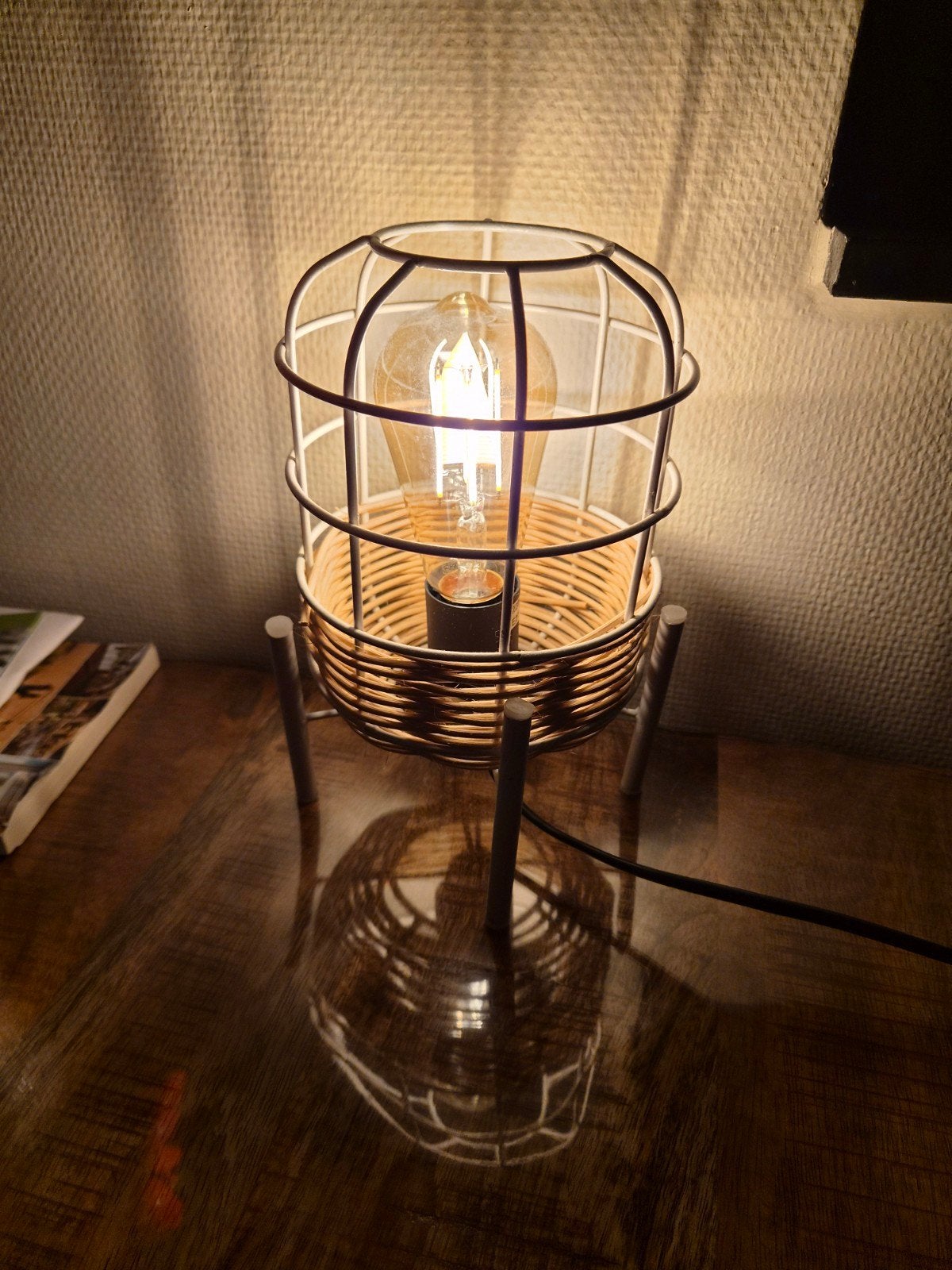 IndustriÃ«le tafellamp met bamboe en metalen kooi, Gebruikt, Meerkleurig, Sfeerlamp, Met stekker