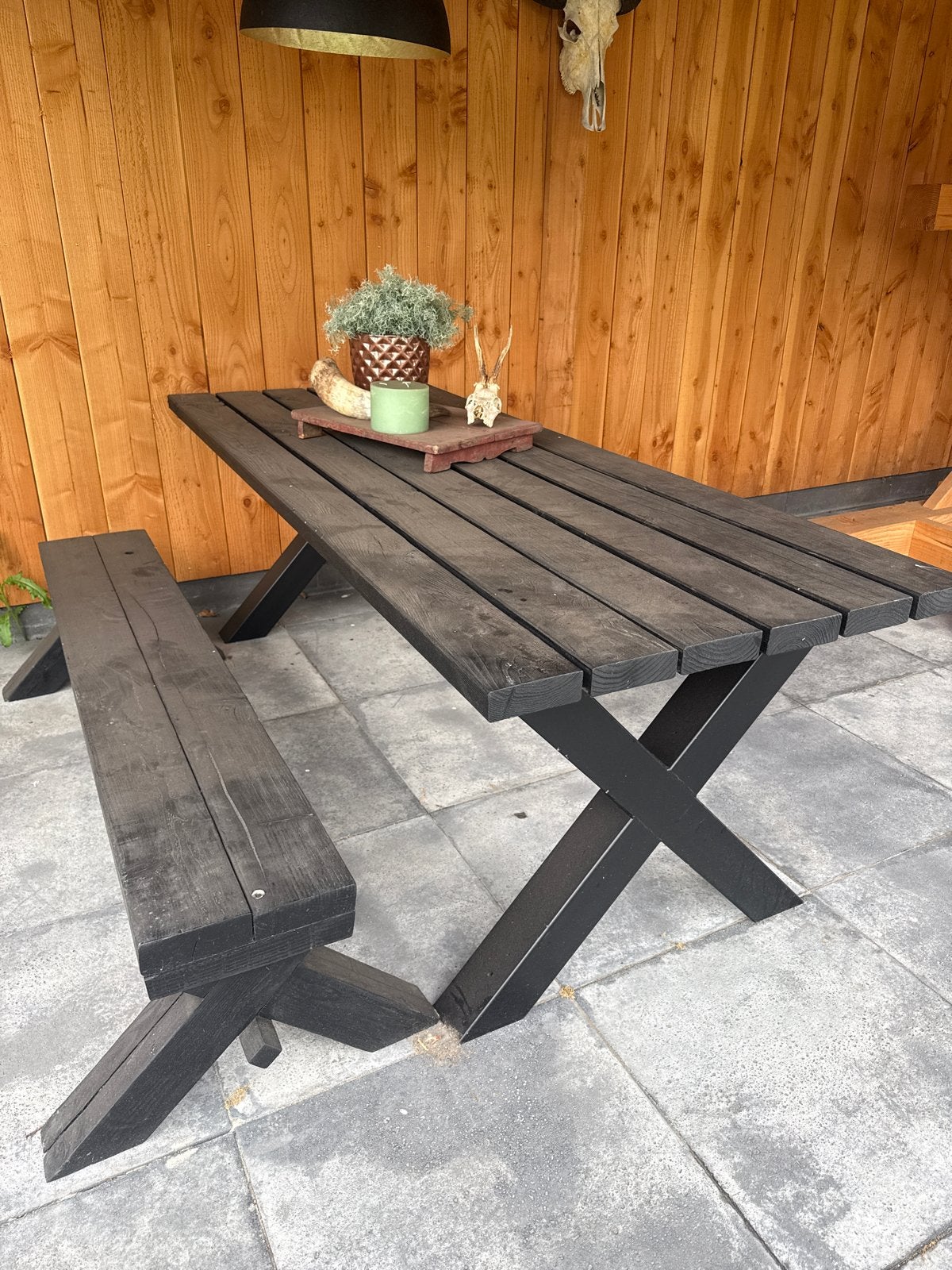 Douglas Houten Tafel en Bank met IJzeren Onderstel - 200cm, Ophalen, Gebruikt, Hout, Bank