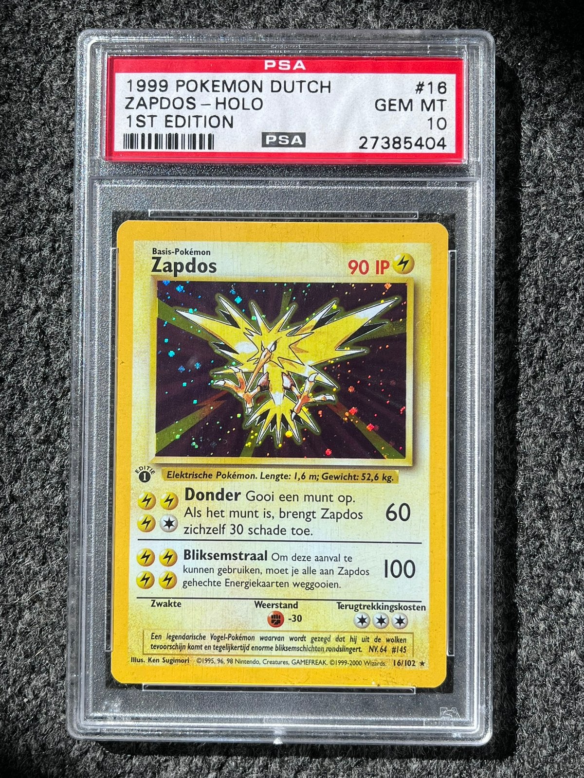 Pokémon PSA 10 Dutch 1st Ed. Zapdos Holo Base set (POP 9!), Ophalen of Verzenden, Zo goed als nieuw, Losse kaart, Foil