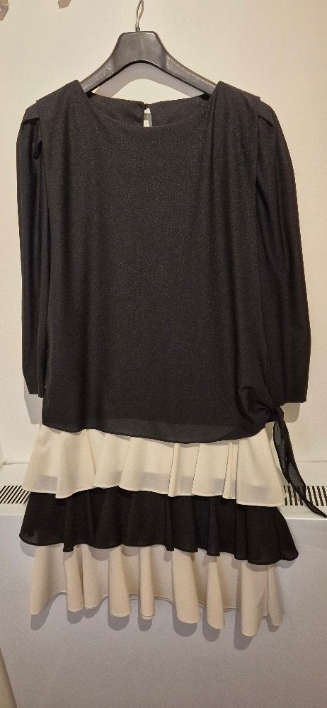 Strokenjurk zwart wit uit de jaren 80, maat M, 38-40, Meerkleurig, Onder de knie, Ophalen, Maat 38/40 (M)