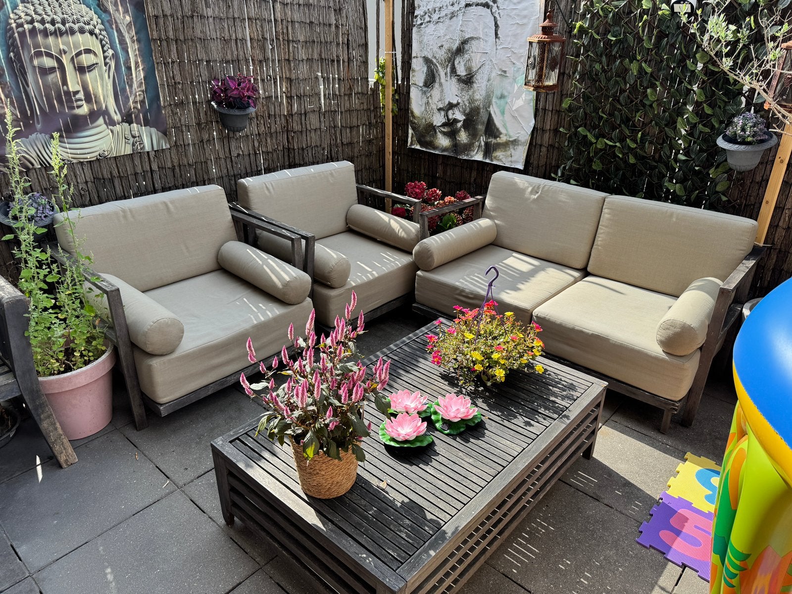 Toffe lounge set met dikke kussens, Tuin en Terras, Tuinsets en Loungesets, Ophalen, 4 zitplaatsen, Gebruikt, Bank