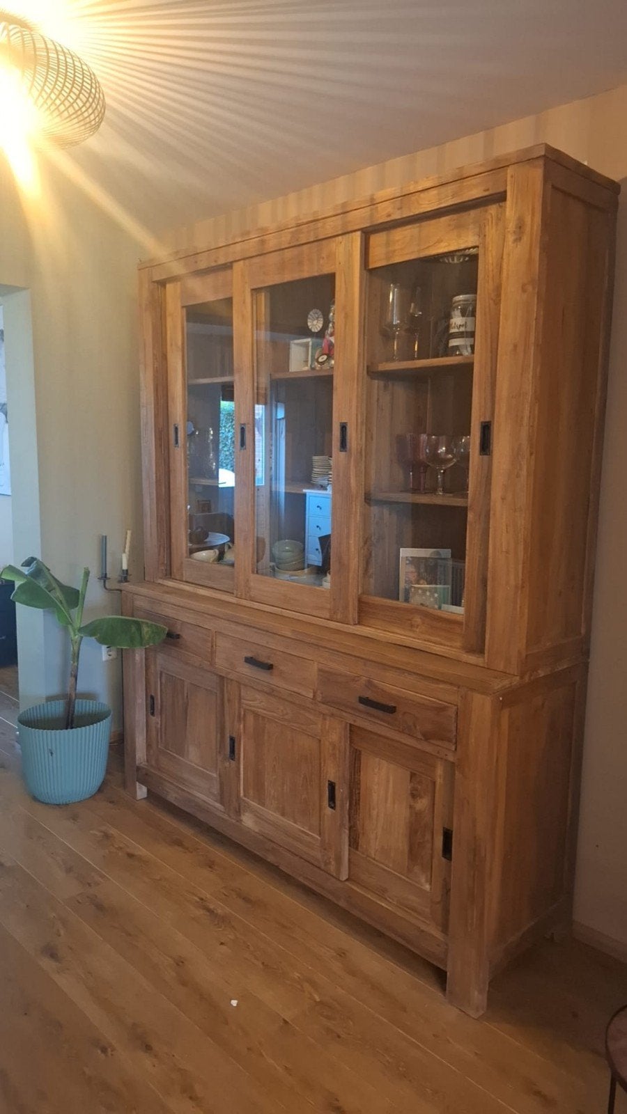 buffetkast teakhout 2 delen glas schuifdeuren, Ophalen, 200 cm of meer, Glas, Zo goed als nieuw