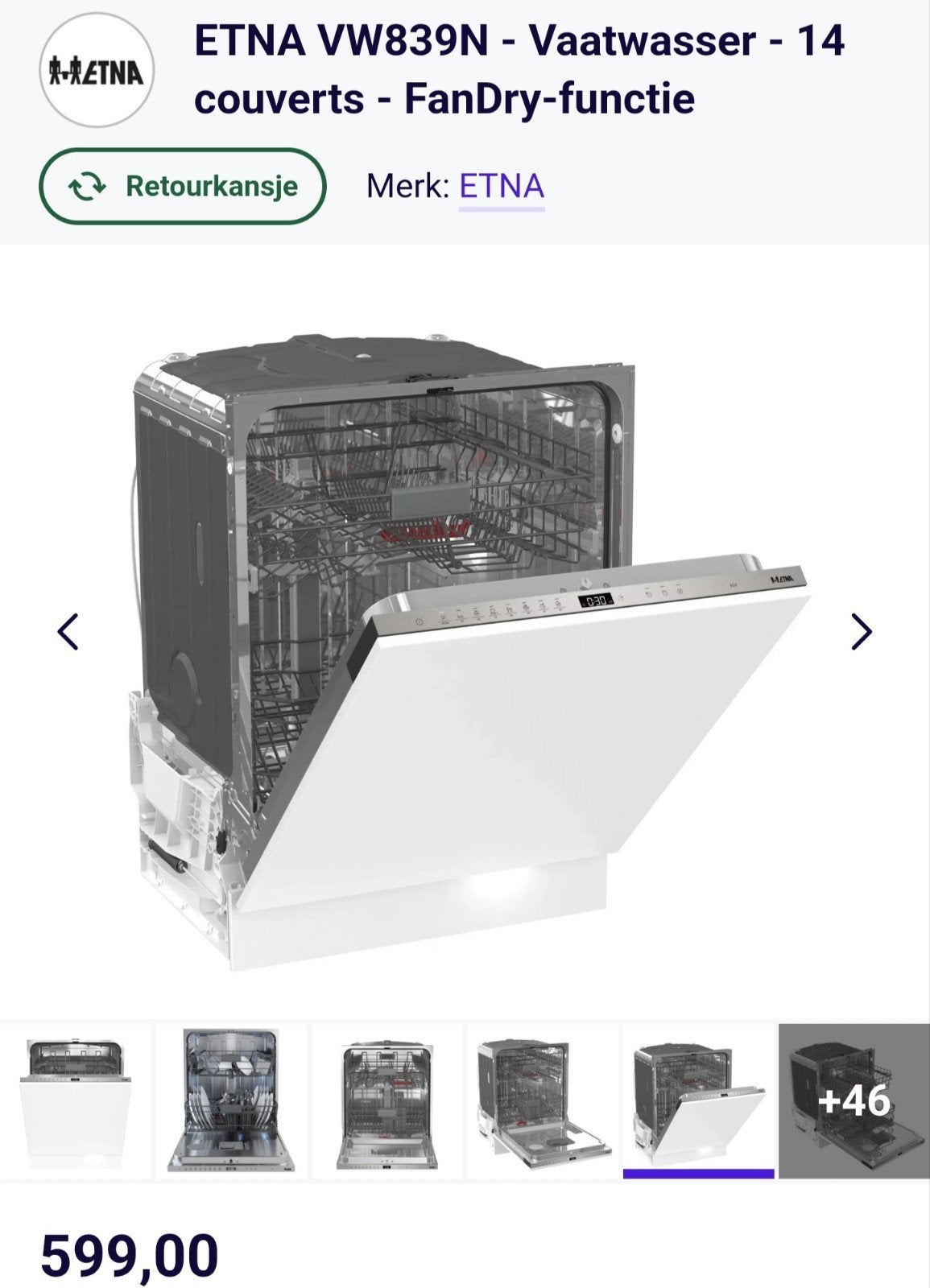 Etna VW839N Inbouw Vaatwasser, Ophalen, 60 cm of meer, Inbouw, Niet werkend