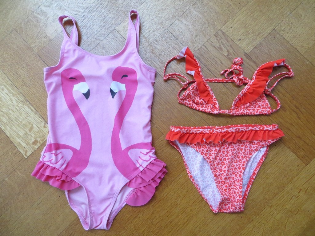 Badpak Flamingo's Bikini Panterprint met Ruches Mt 122/128, Meisje, Badpak, Zo goed als nieuw, Quapi