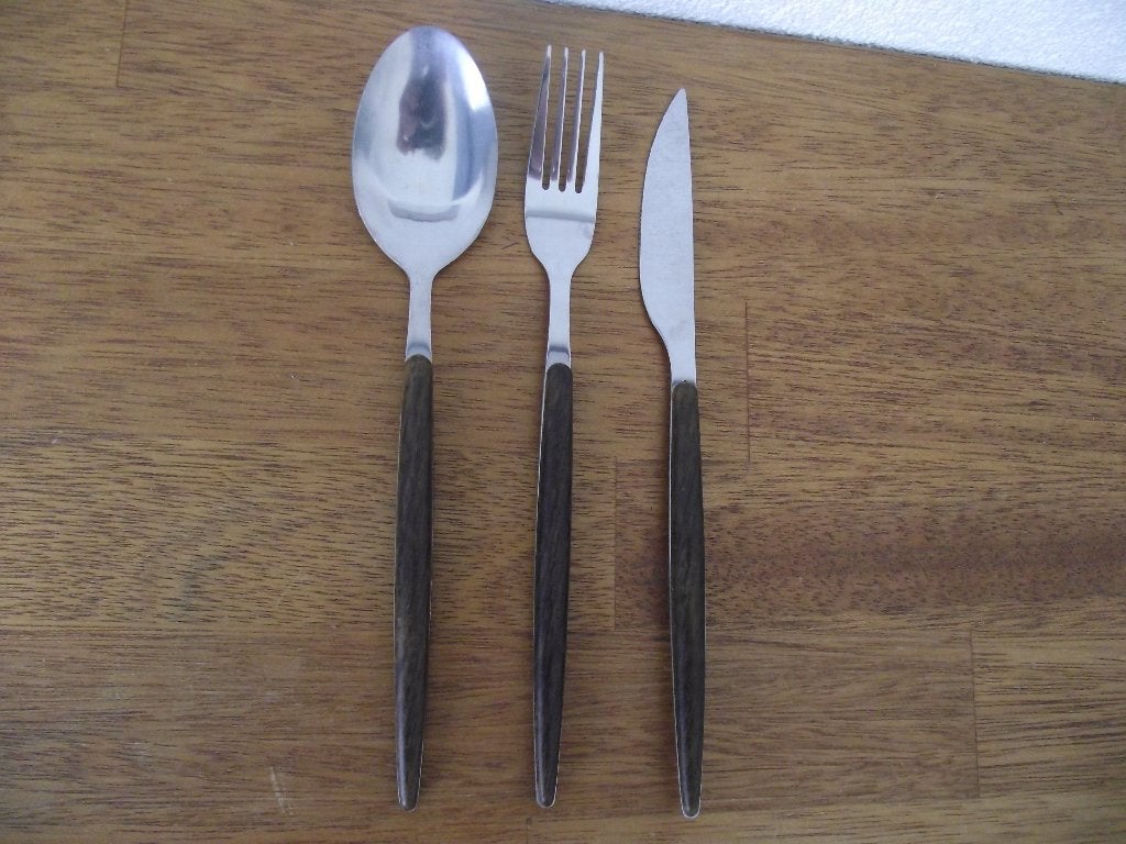 RVS houten design bestek set mes vork lepel 22cm Scandinavië, Ophalen of Verzenden