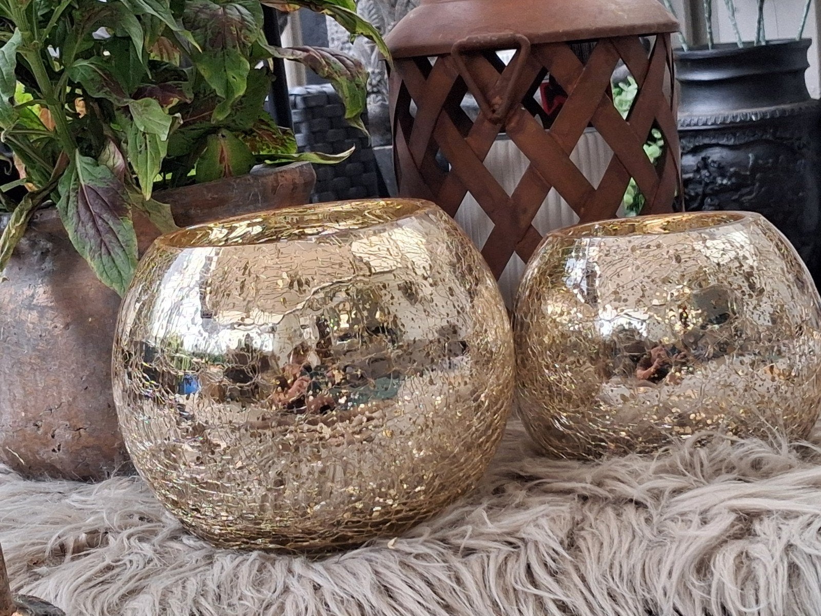 2 Gouden ronde craque windlichten, Huis en Inrichting, Woonaccessoires | Kandelaars en Kaarsen, Baroque collection, Verzenden