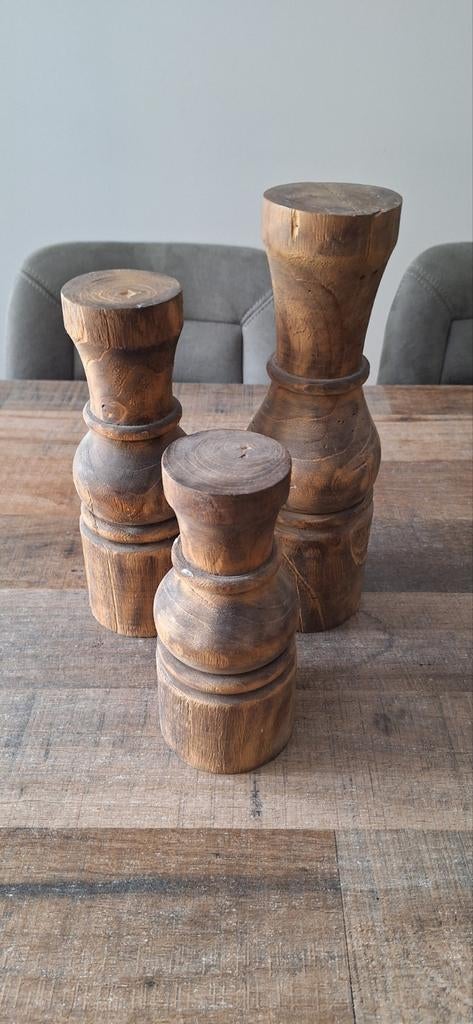 Set van 3 houten kandelaars/decoratieve pilaren, Huis en Inrichting, Woonaccessoires | Overige, Zo goed als nieuw, Hout, Bruin