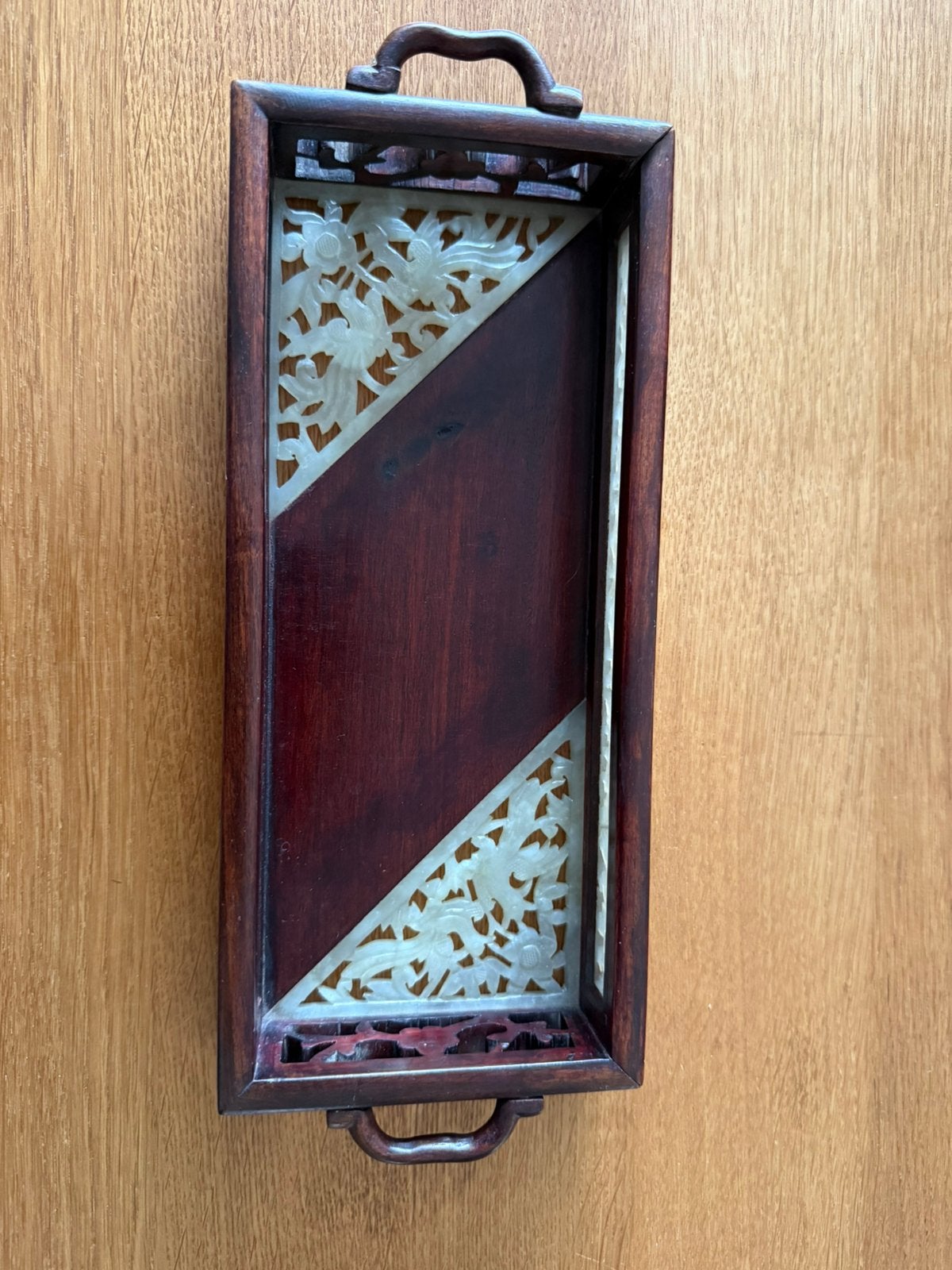 Antiek Chinees Rozenhout Dienblad met Handgesneden Jade, Antiek en Kunst, Ophalen of Verzenden