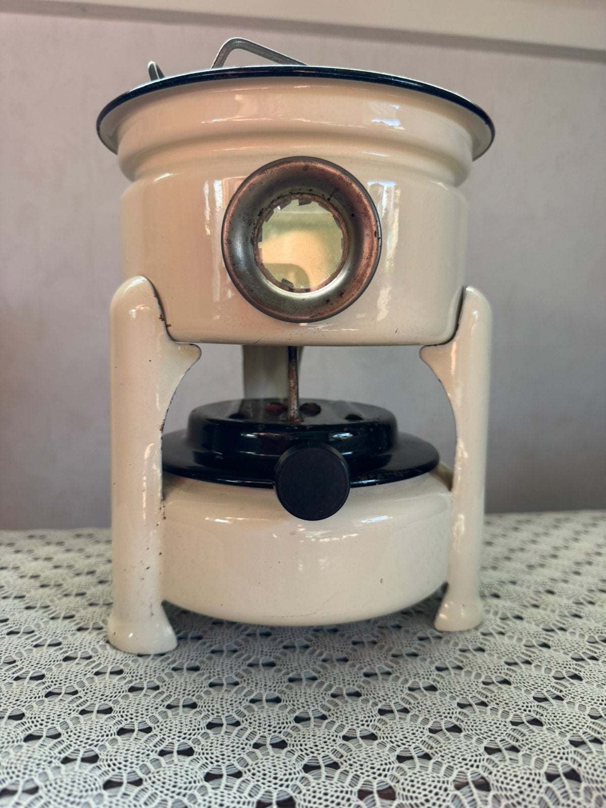 Emaille petroleum stel creme met zwarte bies, Verzenden