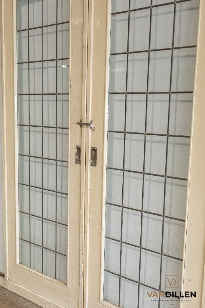 Oude ensuite / schuifdeuren glas in lood + sluiting, 120 cm of meer, Binnendeur, Ophalen of Verzenden, 200 tot 215 cm