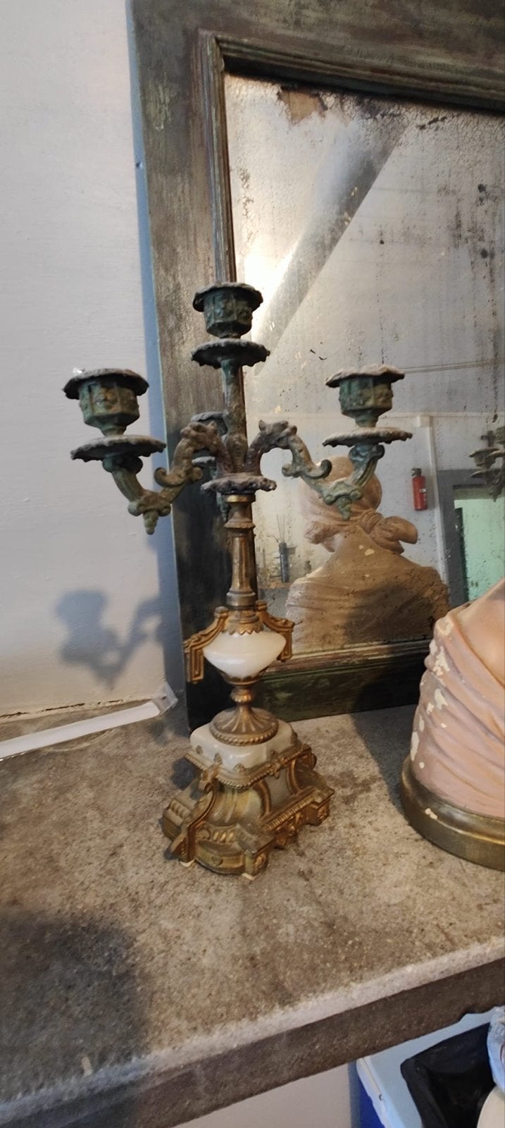 Antieke Kandelaar met Drie Armen - Brons en Marmer, Ophalen, Koper of Brons