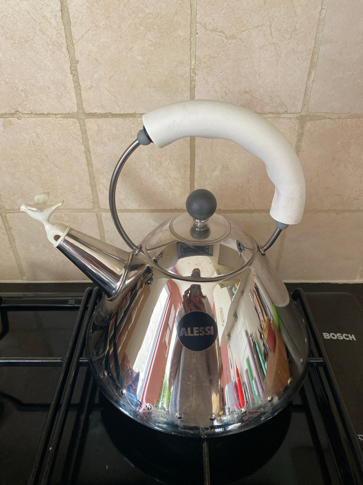 Alessi fluitketel met vogel, RVS, wit handvat, Gebruikt, Zilver, Ophalen, Theepot/fluitketel