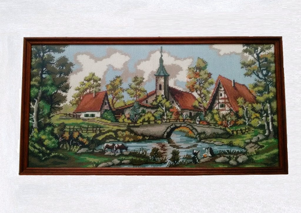 BERGDORP 82 x 43 x 2,3 LANDSCHAP KERK BRUG WASVROUWEN KOEIEN, Ophalen, Wandhanger, Meerkleurig, Nieuw